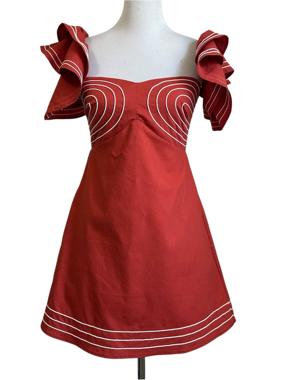 Strut & Bolt Off Shoulder Embroidered Linen Mini Dress Sz Small Terracotta Lined - Picture 2 of 13